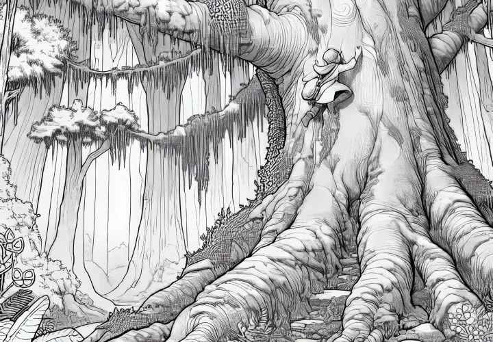 Child climbing on a giant moss-covered tree in an enchanted fairytale forest - free coloring page