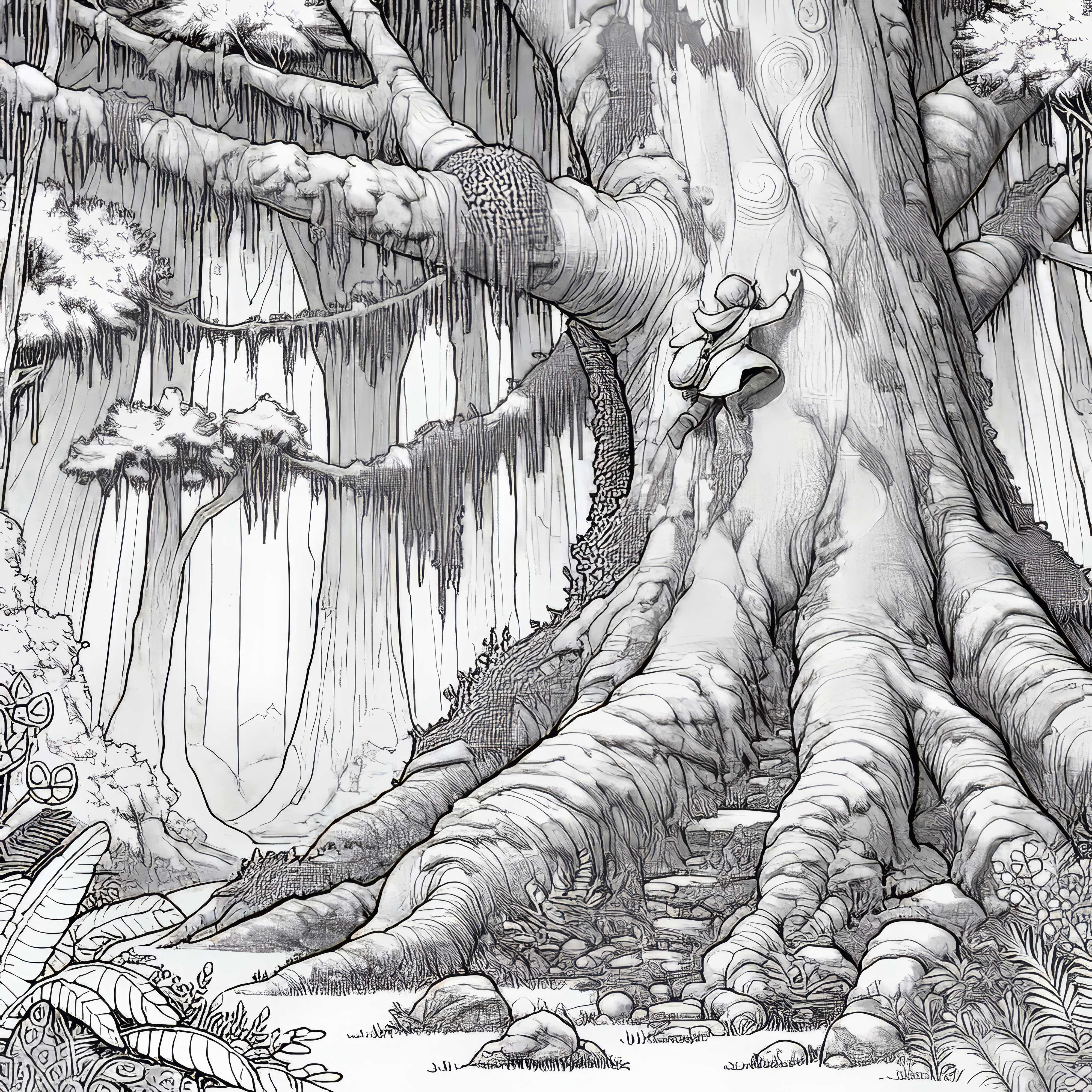 Barn klatrer i den fortryllede eventyrskov på en kæmpe mosdækket træ – Malebillede gratis Barn klatrer op ad en kæmpe mosbelagt træ i den fortryllede eventyrskov - Malebillede gratis