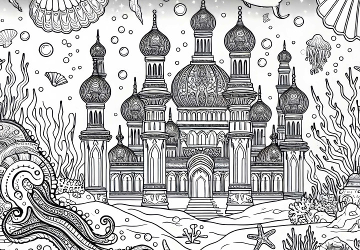 Undervannby med palass og koraller – gratis fargeleggingsbilde