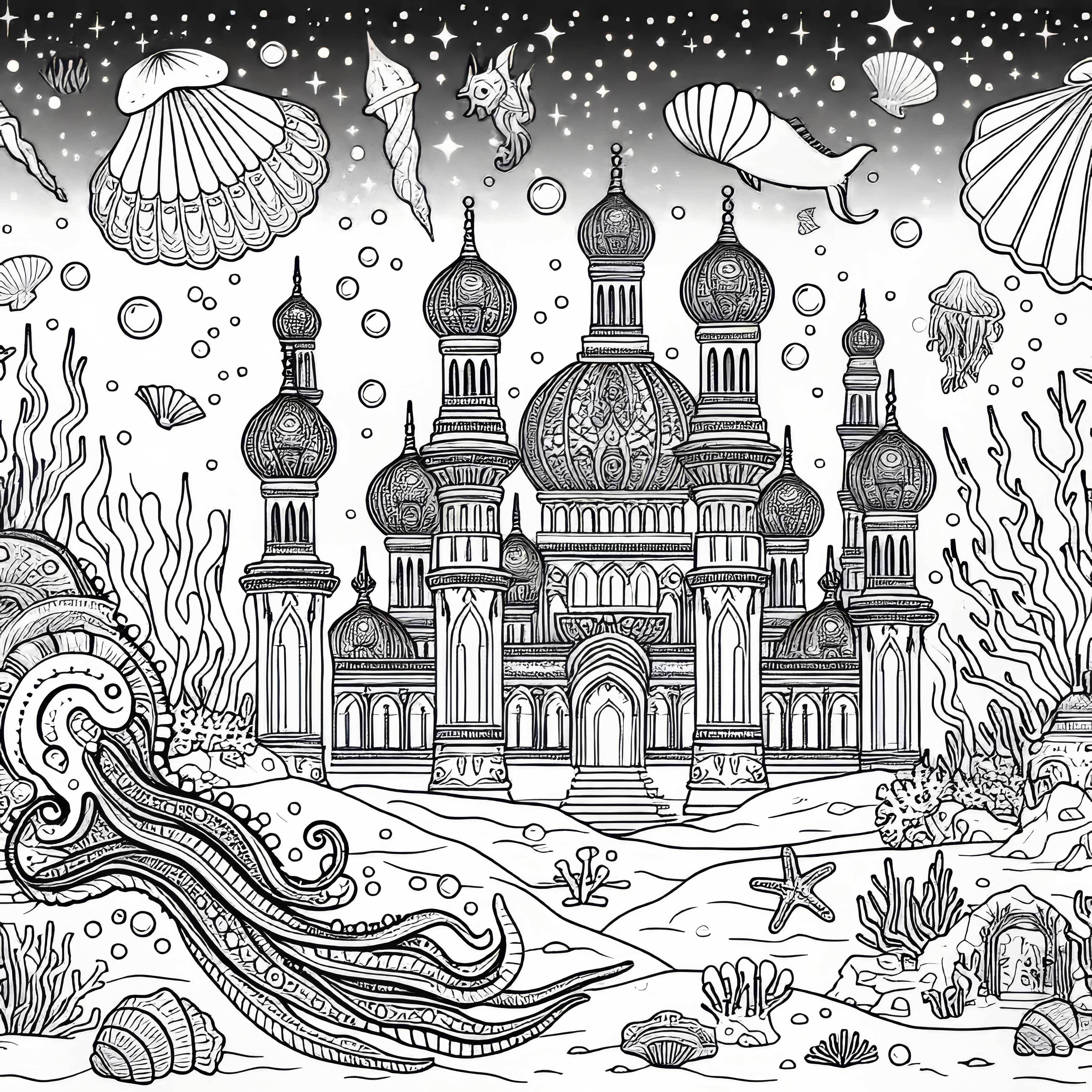 Unterwasserstadt mit Palast und Korallen &ndash; Ausmalbild gratis