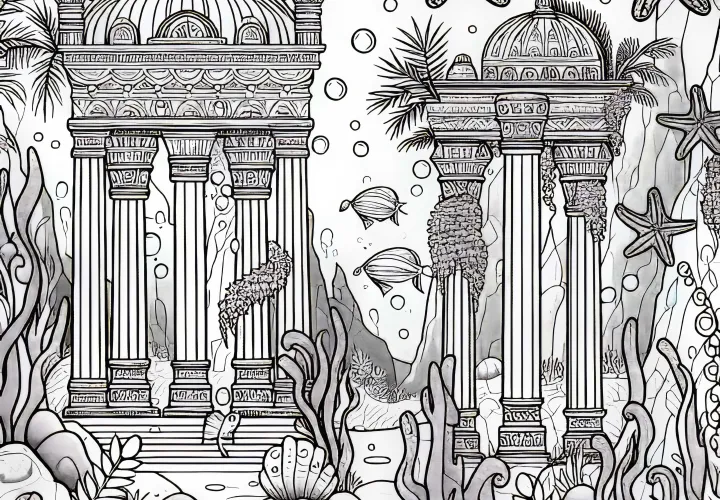 Podvodno mesto z potopljenim templjem – brezplačna pobarvanka