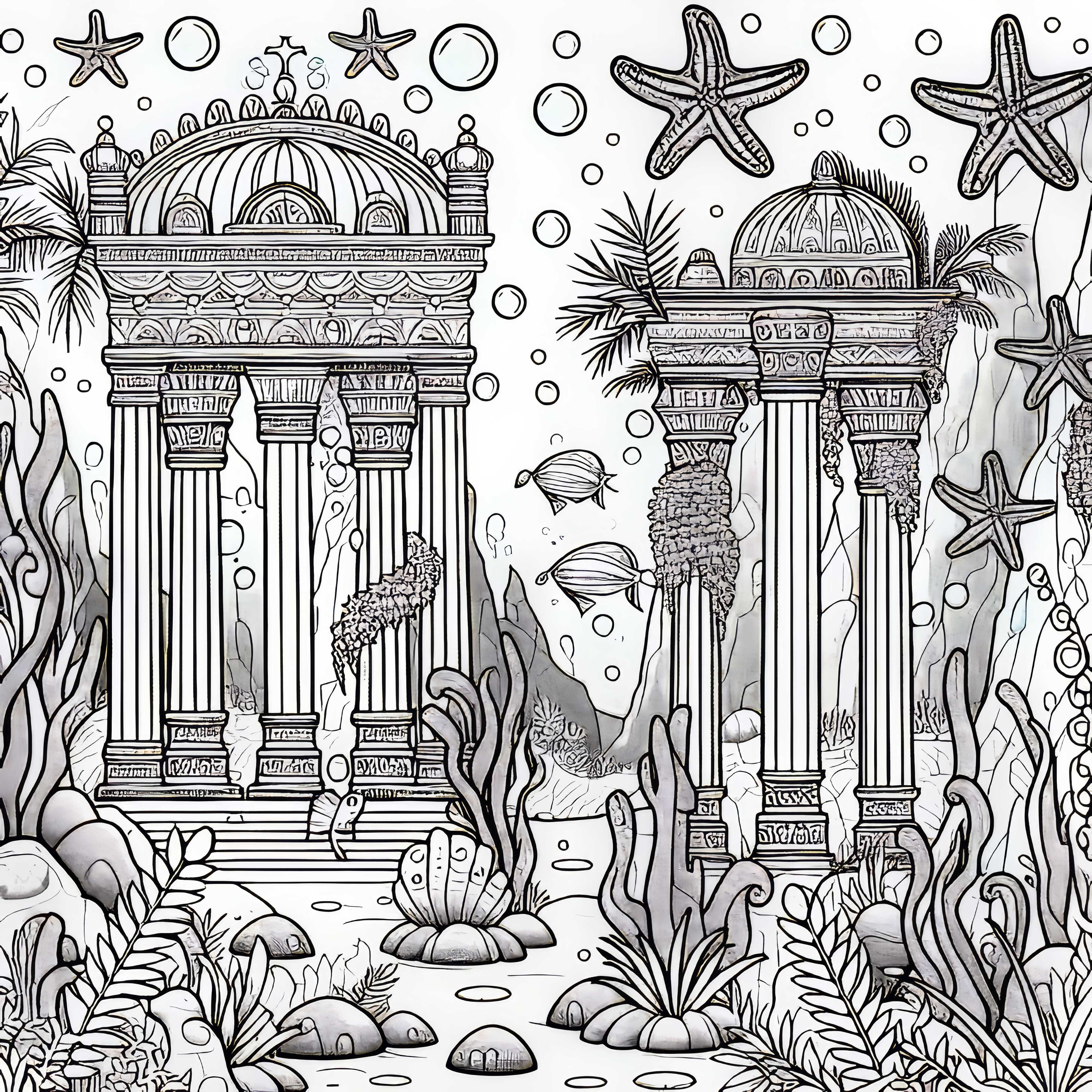 Undervannby med sunket tempel &ndash; Fargeleggingsmal