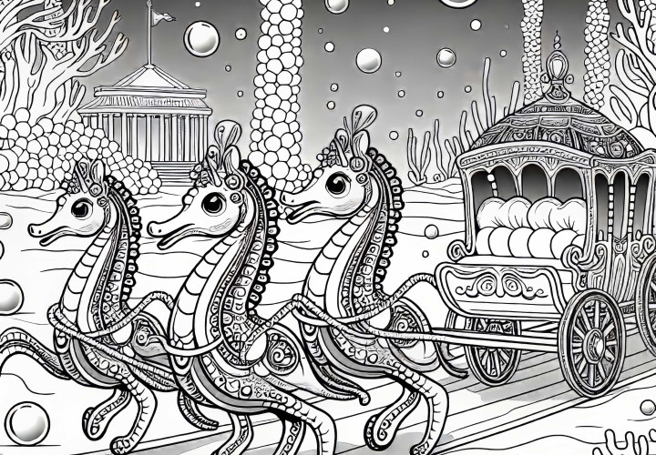 Undervannsby med sjøhester som trekker en vogn – gratis fargeleggingsark