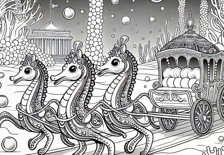 Podvodno mesto s konjički, ki vlečejo voziček – brezplačna barvna predloga