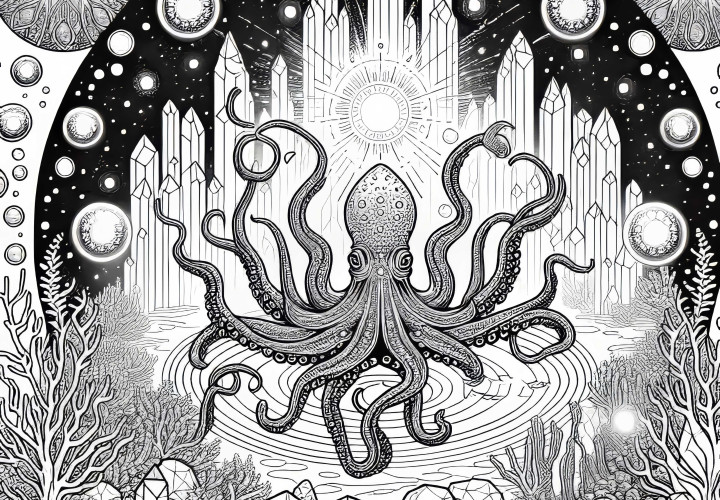 Undervannsby med blåringsorakel som troner i en sirkel av lysende krystaller – fargeleggingsmal