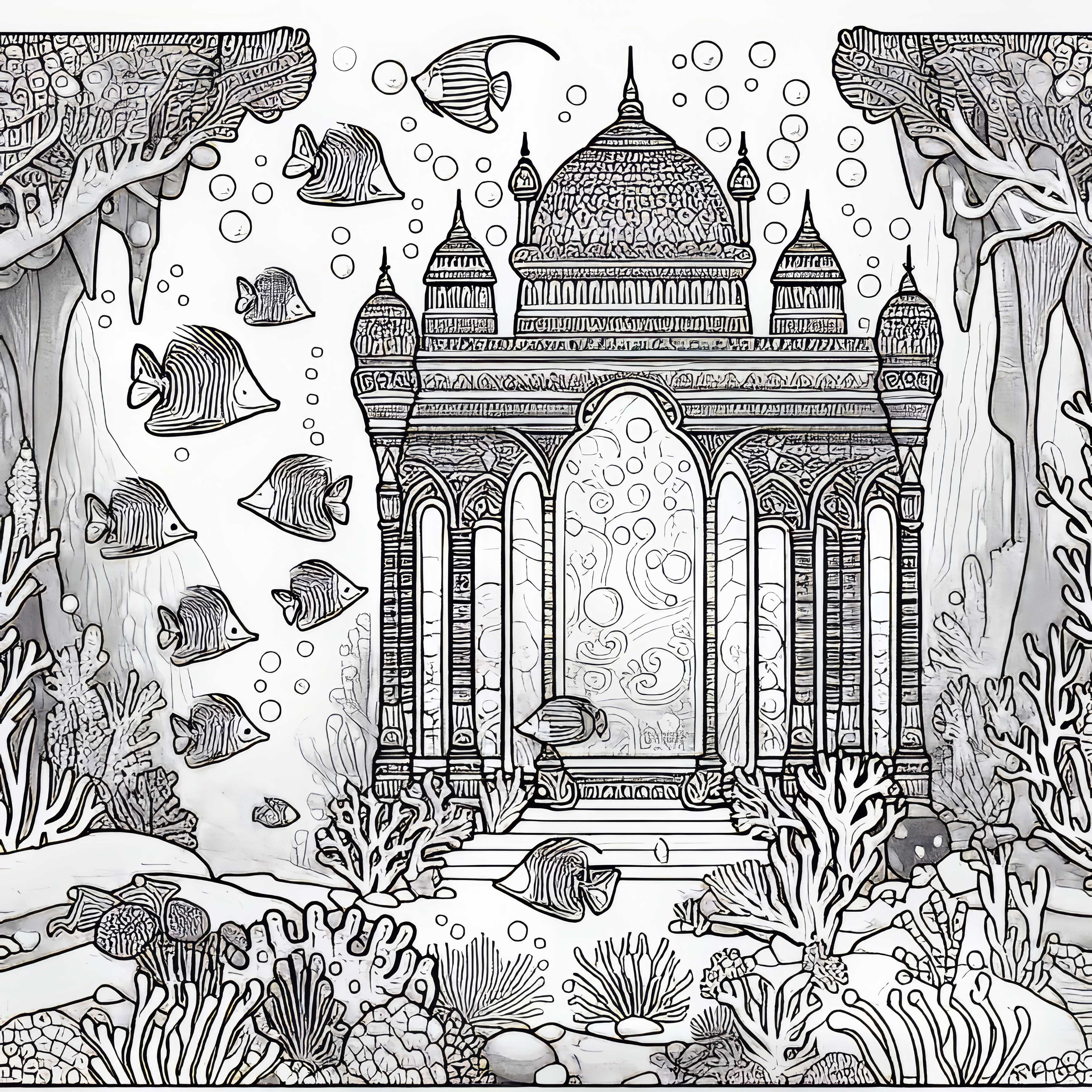 Undervannby med fisker og bue - Gratis fargeleggingsbilde