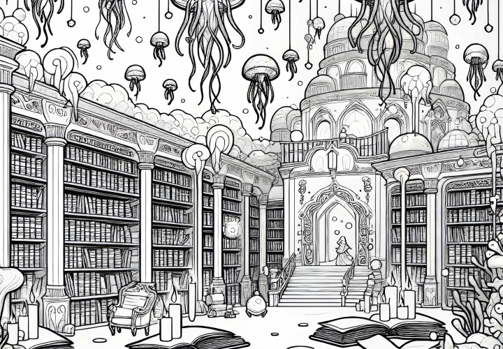 Undervannsby med bibliotek og svevende maneter – Fargelegging mal gratis