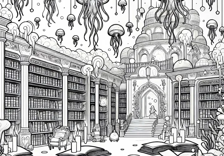 Podvodno mesto z knjižnico in lebdečimi meduzami - brezplačna barvna predloga