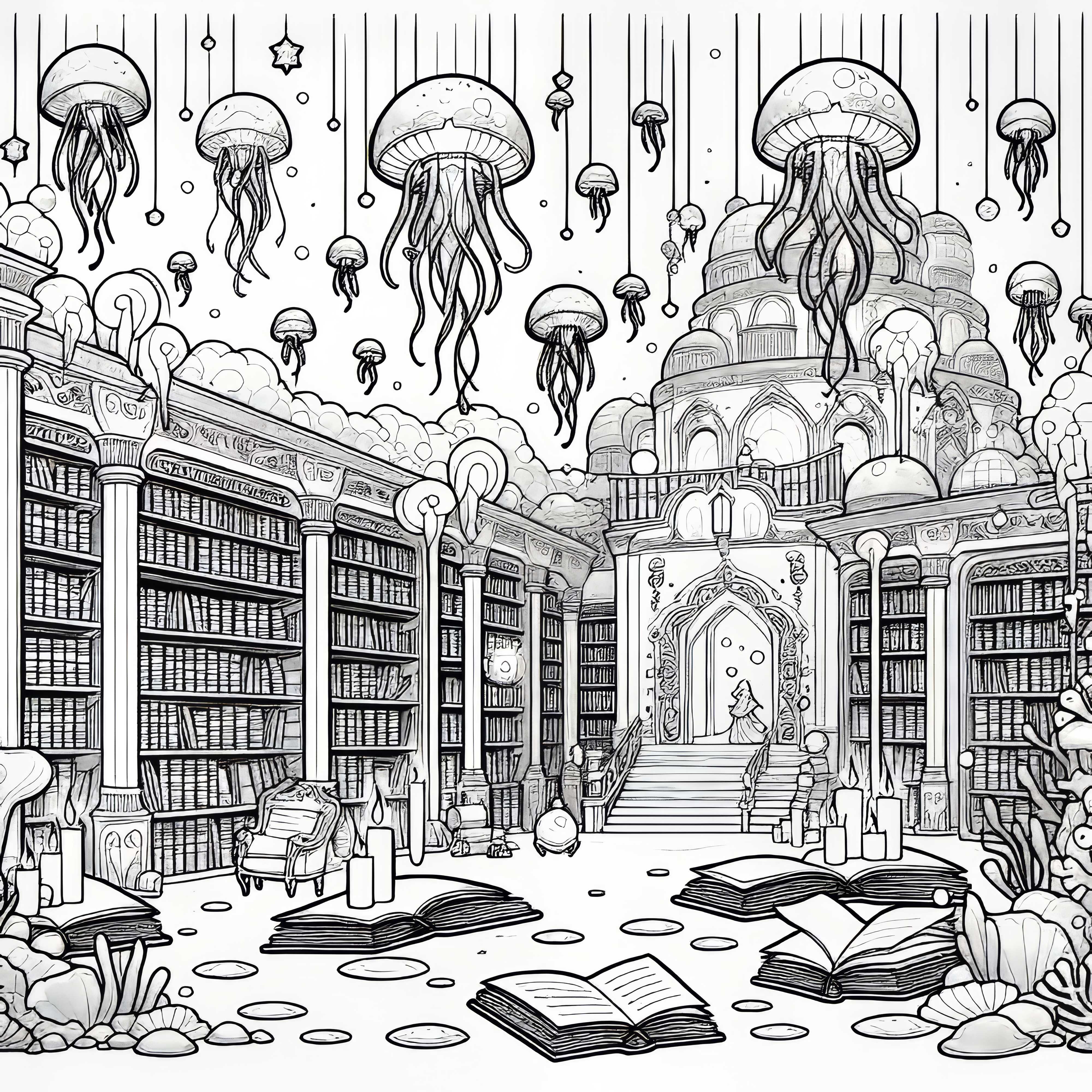 Undervannsby med bibliotek og svevende maneter &ndash; fargeleggingsmal gratis