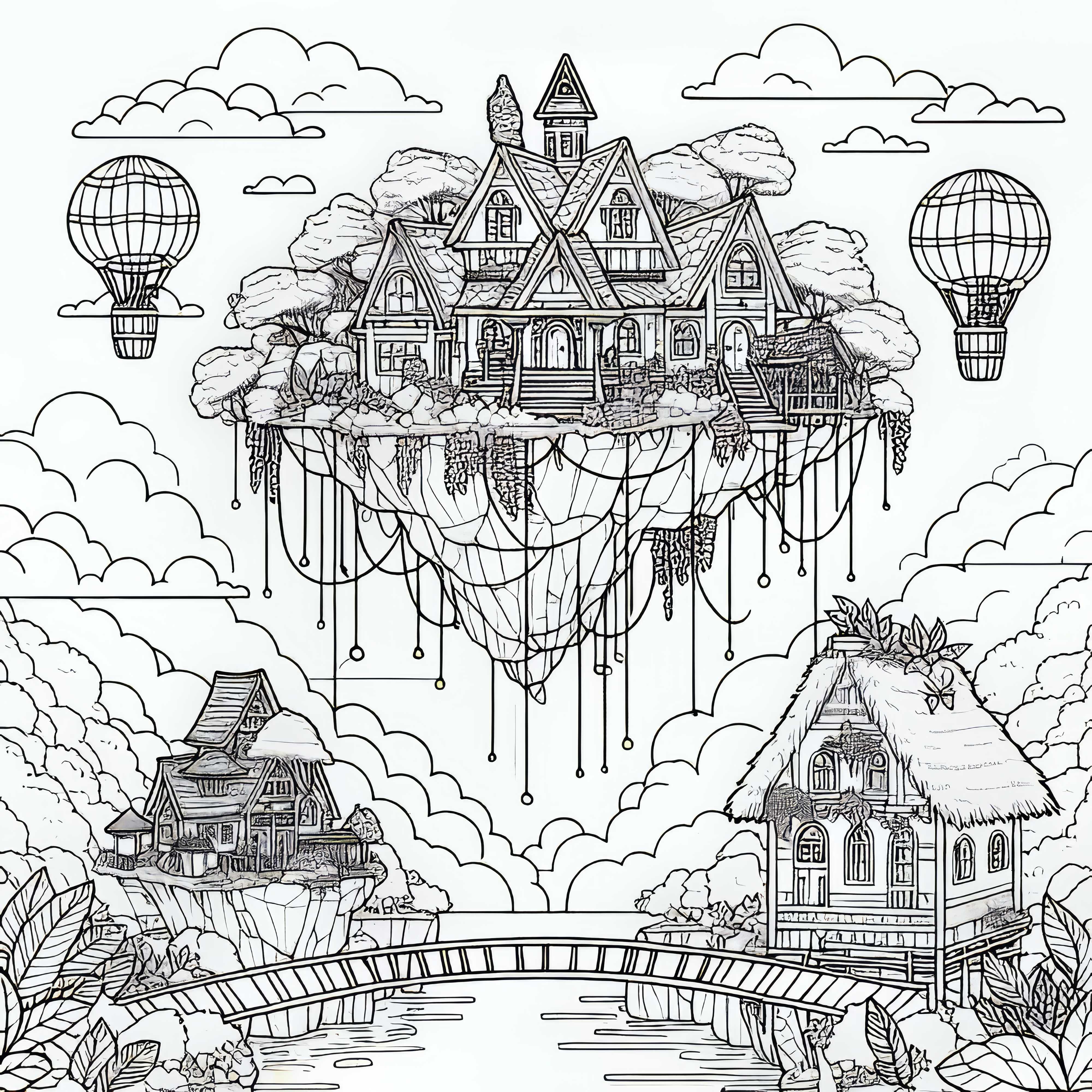 Svevende &oslash;y med hus &ndash; Fargeleggingsbilde gratis