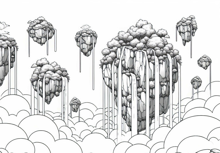 Kjempestore steiner med fosser svever mellom skyene - Fargeleggingsbilde gratis