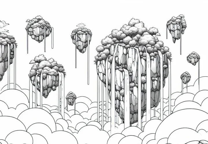 Óriási sziklák vízesésekkel lebegnek a felhők között - Ingyenes színezőlap