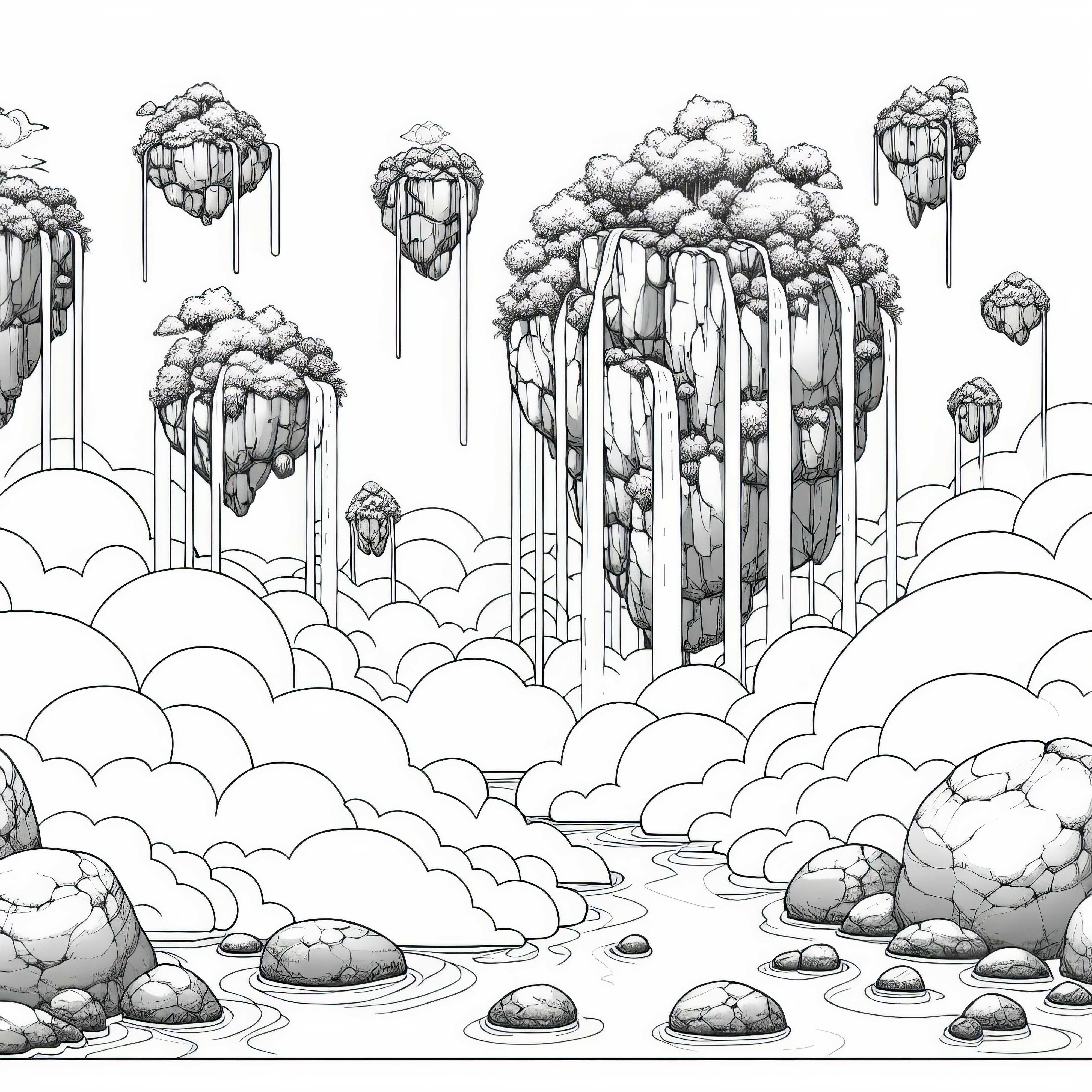Grandes rochas com cachoeiras flutuam entre as nuvens - Desenho para colorir gr&aacute;tis