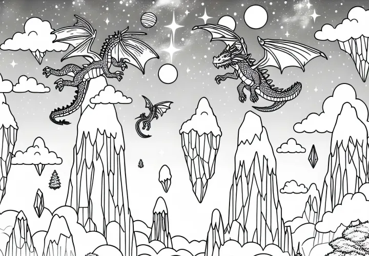 Sárkányok köröznek a repülő hegyek között – Ingyenes színezőlap