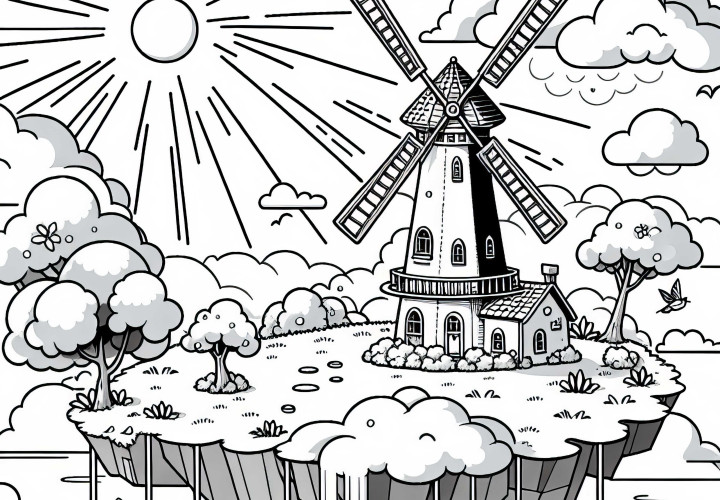 Vannmølle på skyøya snurrer i sollyset – Fargeleggeside Gratis