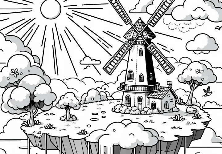 Szélmalom a felhőszigeten, ami a napfényben forog - Színező minta ingyenesen