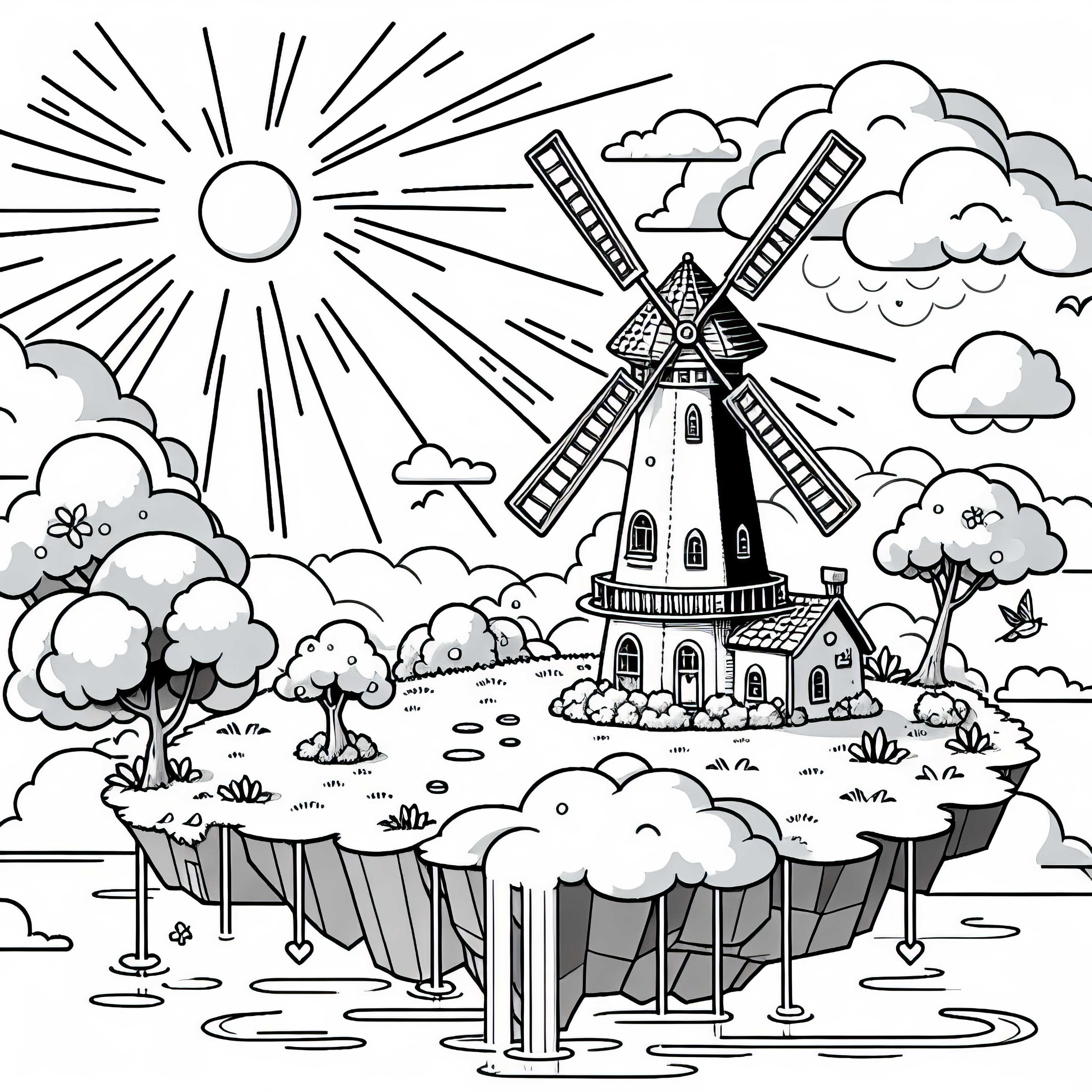Veternačka mlin na otoku oblakov se vrti v sončni svetlobi – Barvna predloga brezplačno Vetrnica na oblačnem otoku se vrti na sončni svetlobi – barvna predloga brezplačno