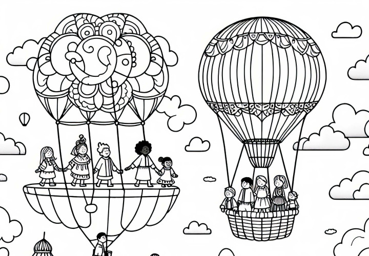 Fantastiske luftballonger stiger opp i himmelen - Fargeleggingsbilde gratis