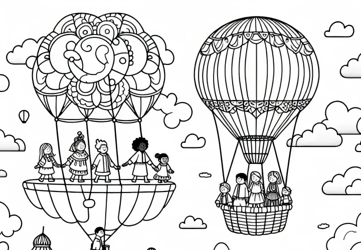 Fantáziadús hőlégballonok emelkednek az ég felé – Ingyenes színezőoldal