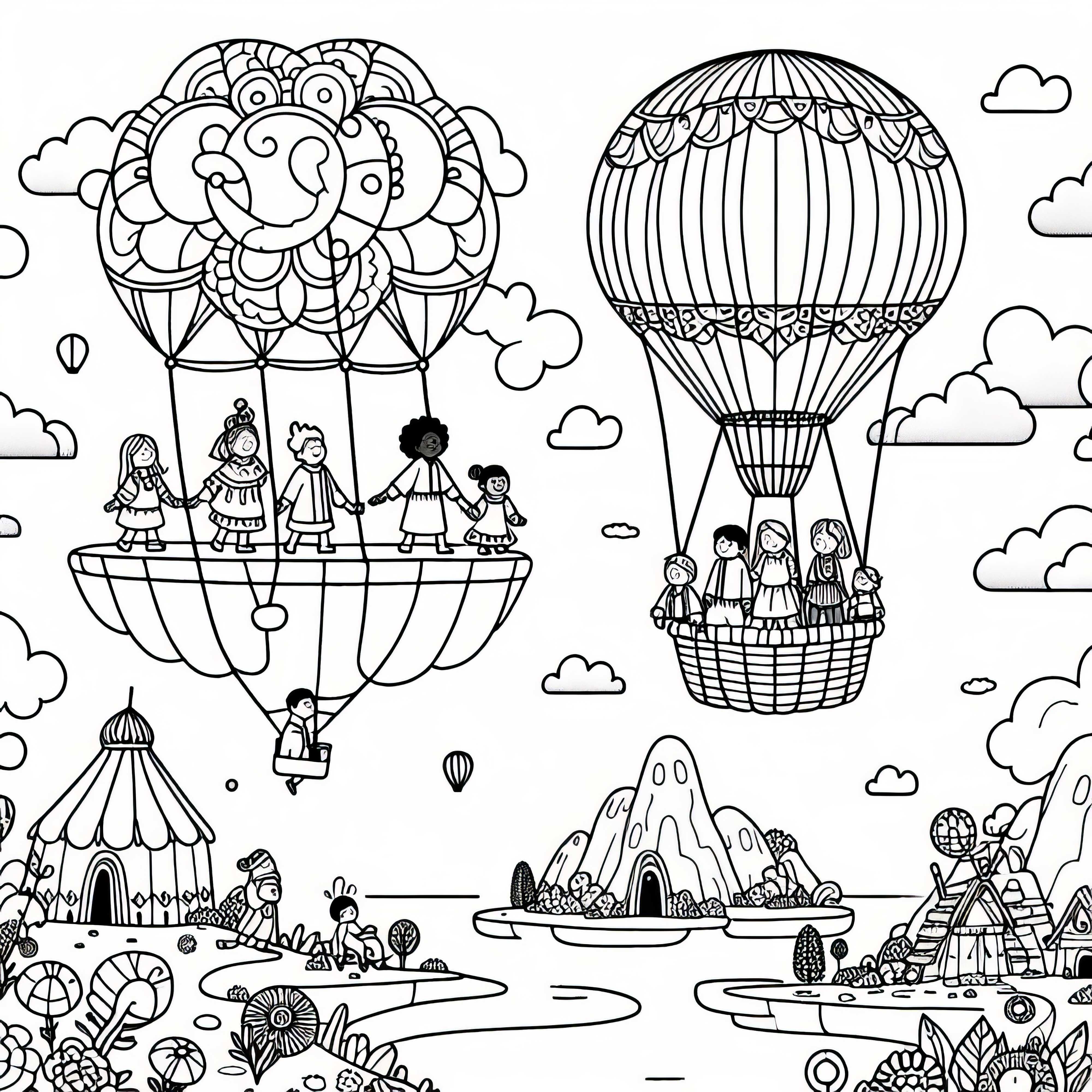 Fant&aacute;sticos bal&otilde;es de ar quente subindo ao c&eacute;u &ndash; Imagem para colorir gratuita