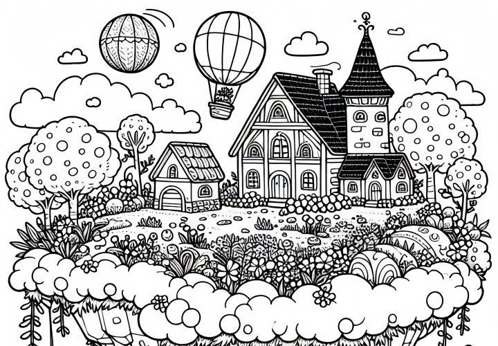 Lite landsby med hager på flygende øy – Fargeleggingsbilde gratis