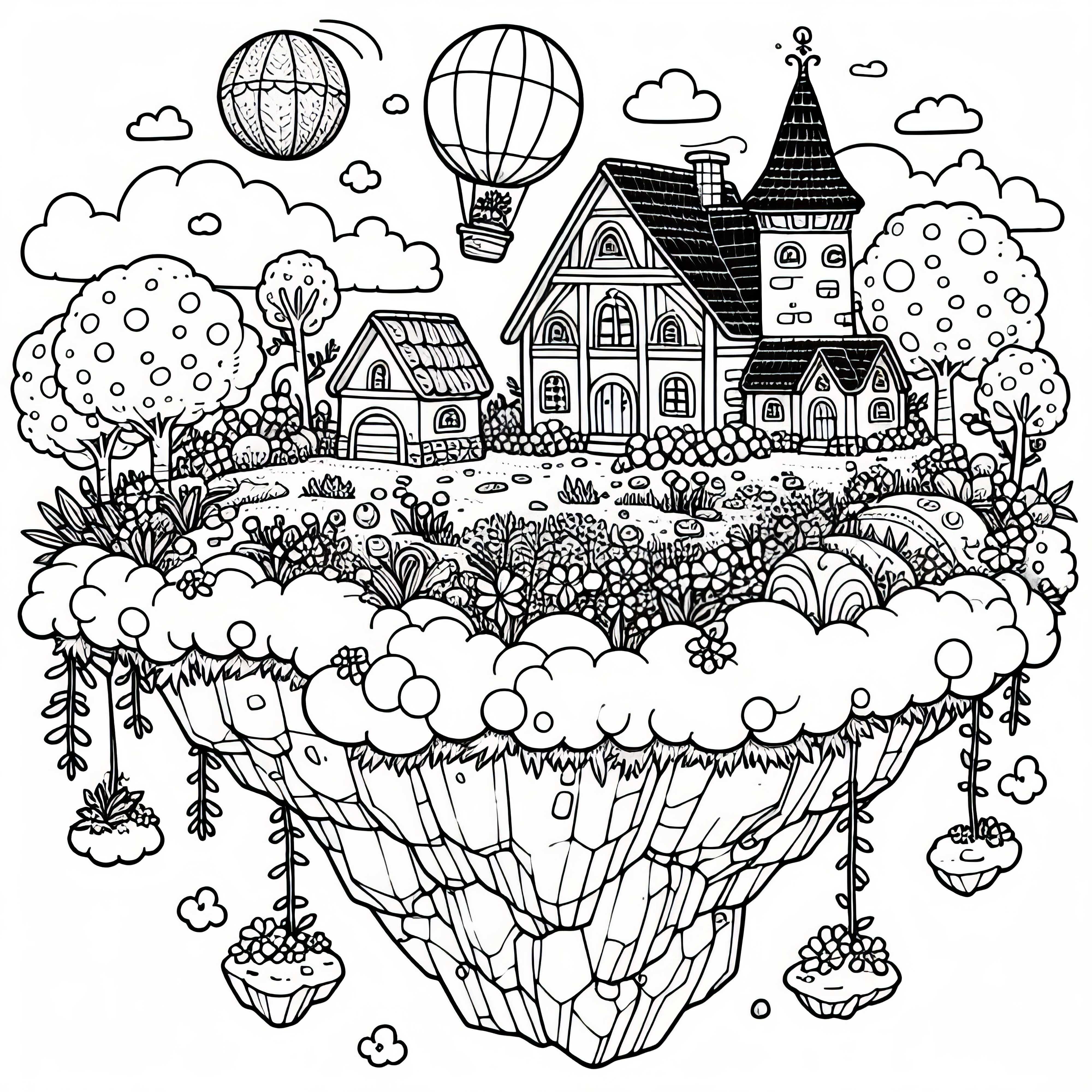 Majhna vas s prostori na letečem otoku – Barvna slika brezplačno Majhna vasica z vrtovi na letečem otoku – Brezplačna barvanka