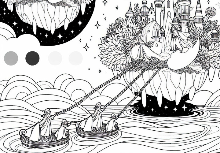 Svevende øy blir trukket over havet av mystiske vesener – Fargeleggingsside gratis