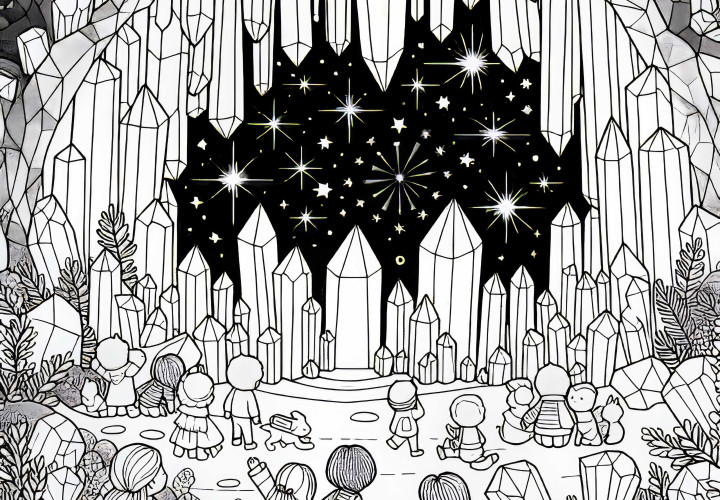 Кристальная пещера: Дети открывают портал – Бесплатная раскраска