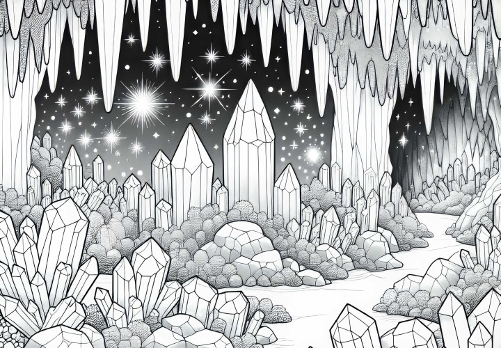 Сияющие кристаллы в кристальной пещере – раскраска для скачивания