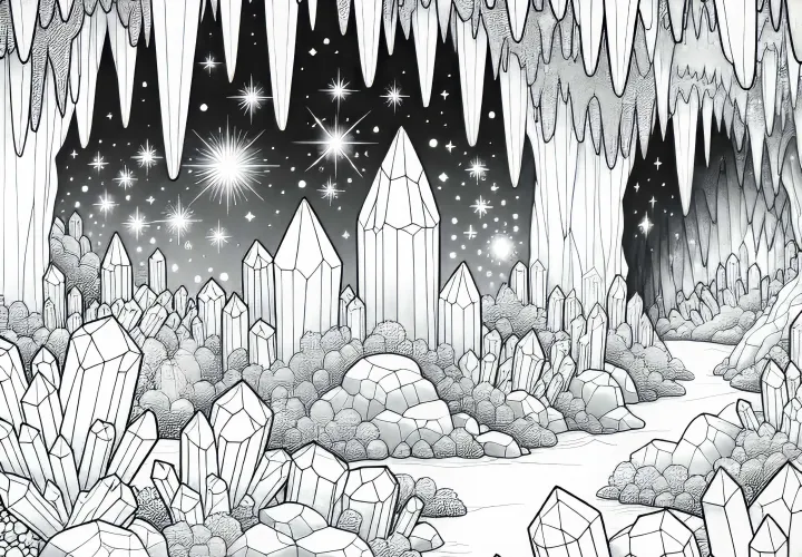 Iskrivi kristali v kristalni jami – Slika za barvanje za prenos