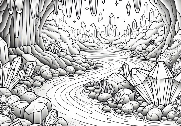 Кристальная пещера: Река течет через грот с светящимися кристаллами – бесплатный раскраски