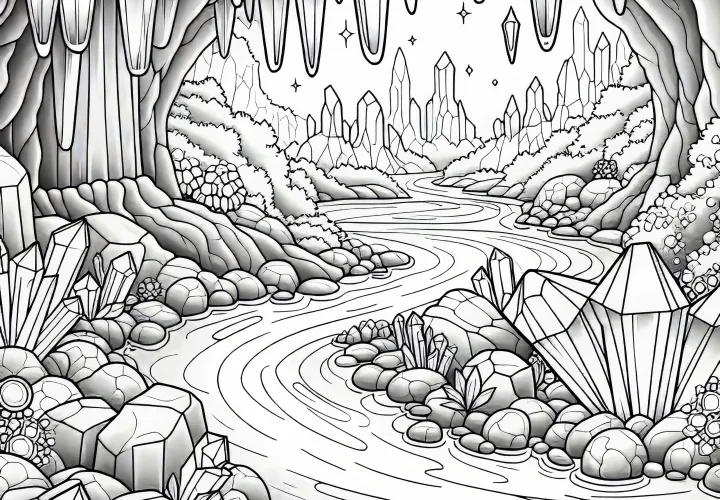 Kristalna jama: Rekа teče skozi grotto z bleščečimi kristali - brezplačna risanka za barvanje