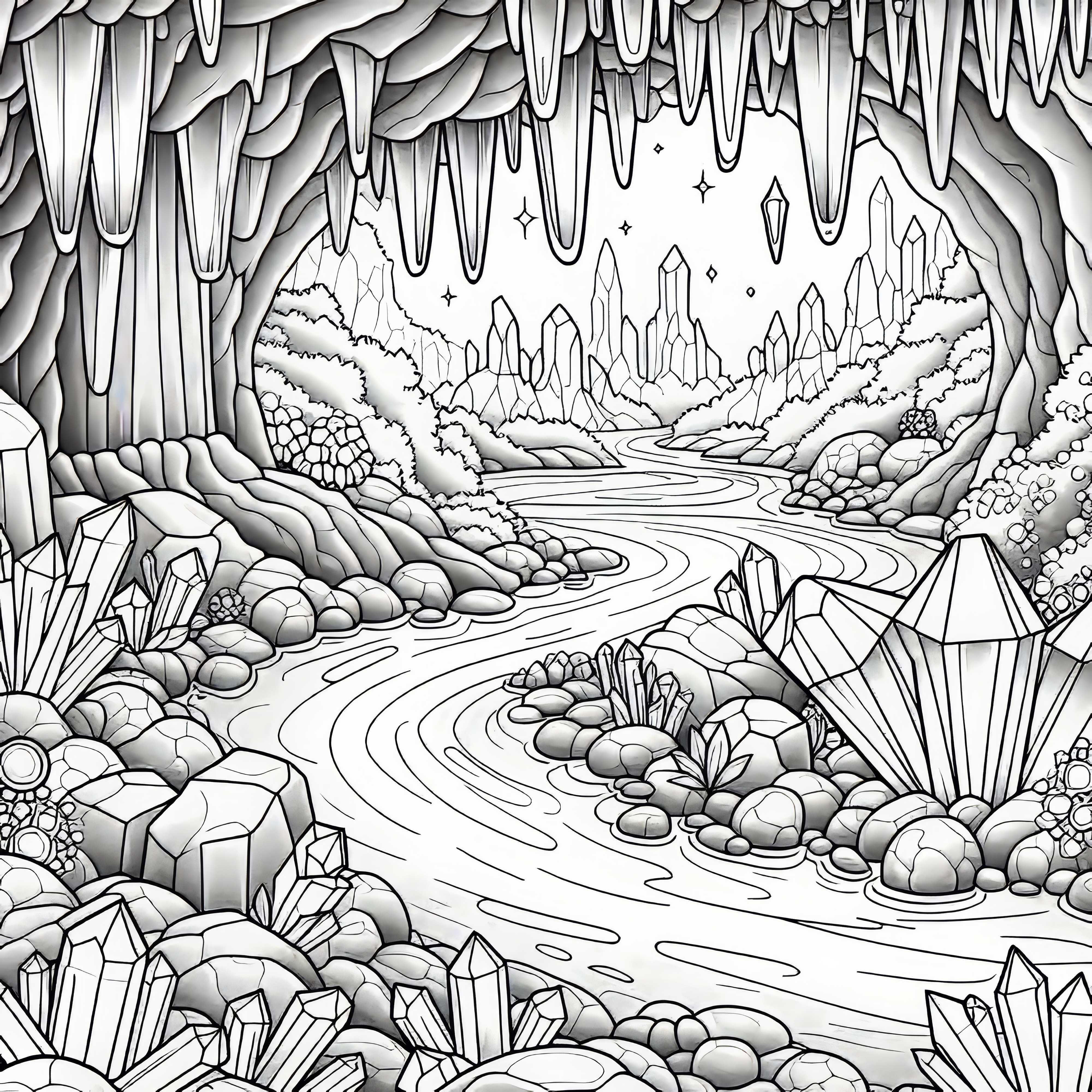 Kristalna jama: Reka teče skozi votlino s svetlečimi kristali - brezplačna barvna predloga Kristalna jama: Rekam teče skozi jamo z svetlečimi kristali – brezplačna risalna predloga
