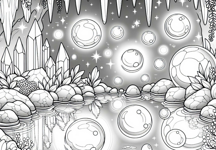Кристальная пещера, полная парящих светящихся шаров – цветная раскраска бесплатно