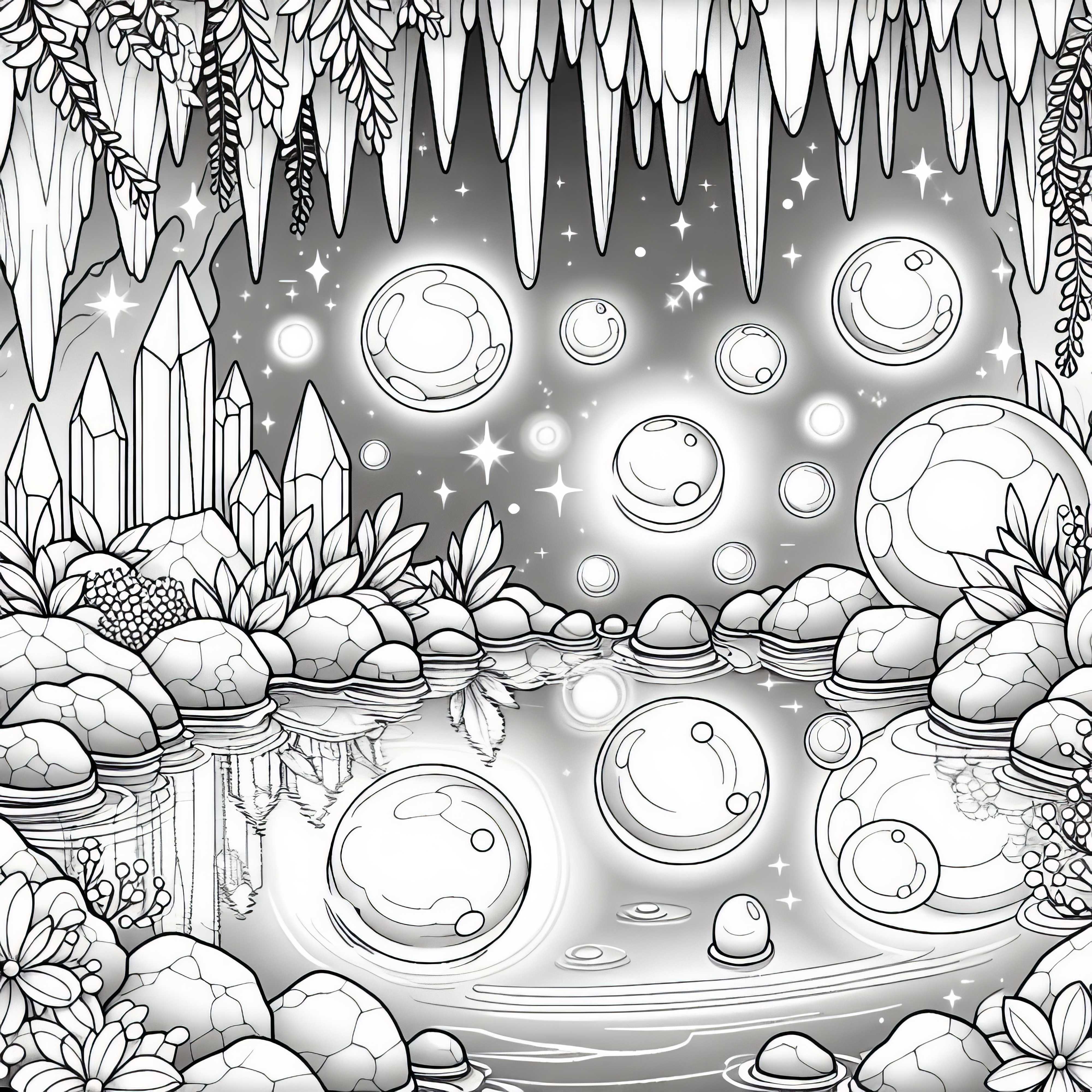 Caverna de cristal cheia de esferas de luz flutuantes - imagem para colorir gratuita