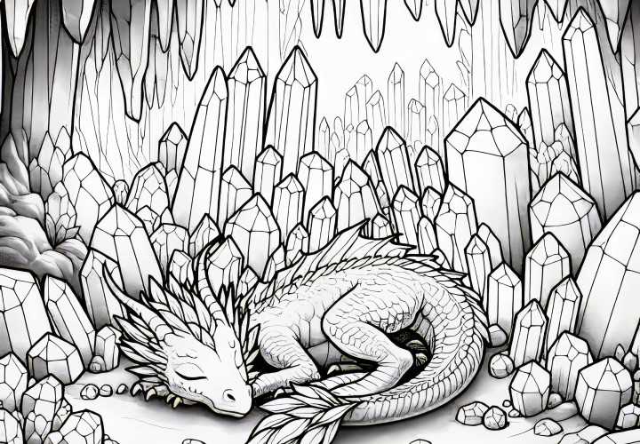 Кристальная пещера: Дракон спит между кристаллами – Бесплатный раскраска
