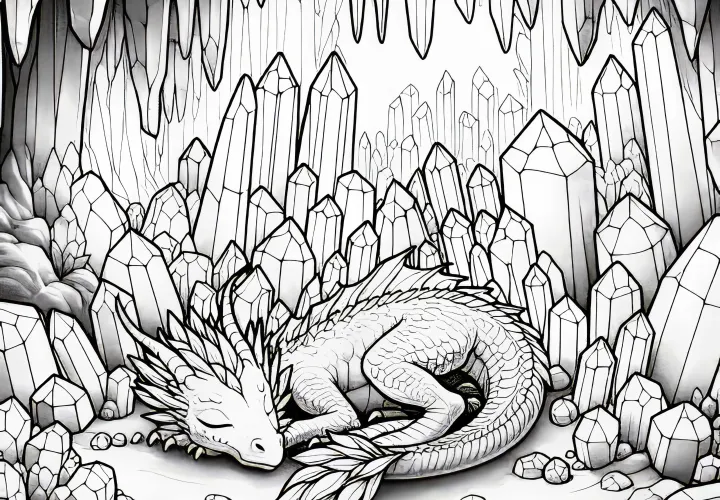 Kristalna jama: Zmaj spi med kristali – brezplačna barvna predloga
