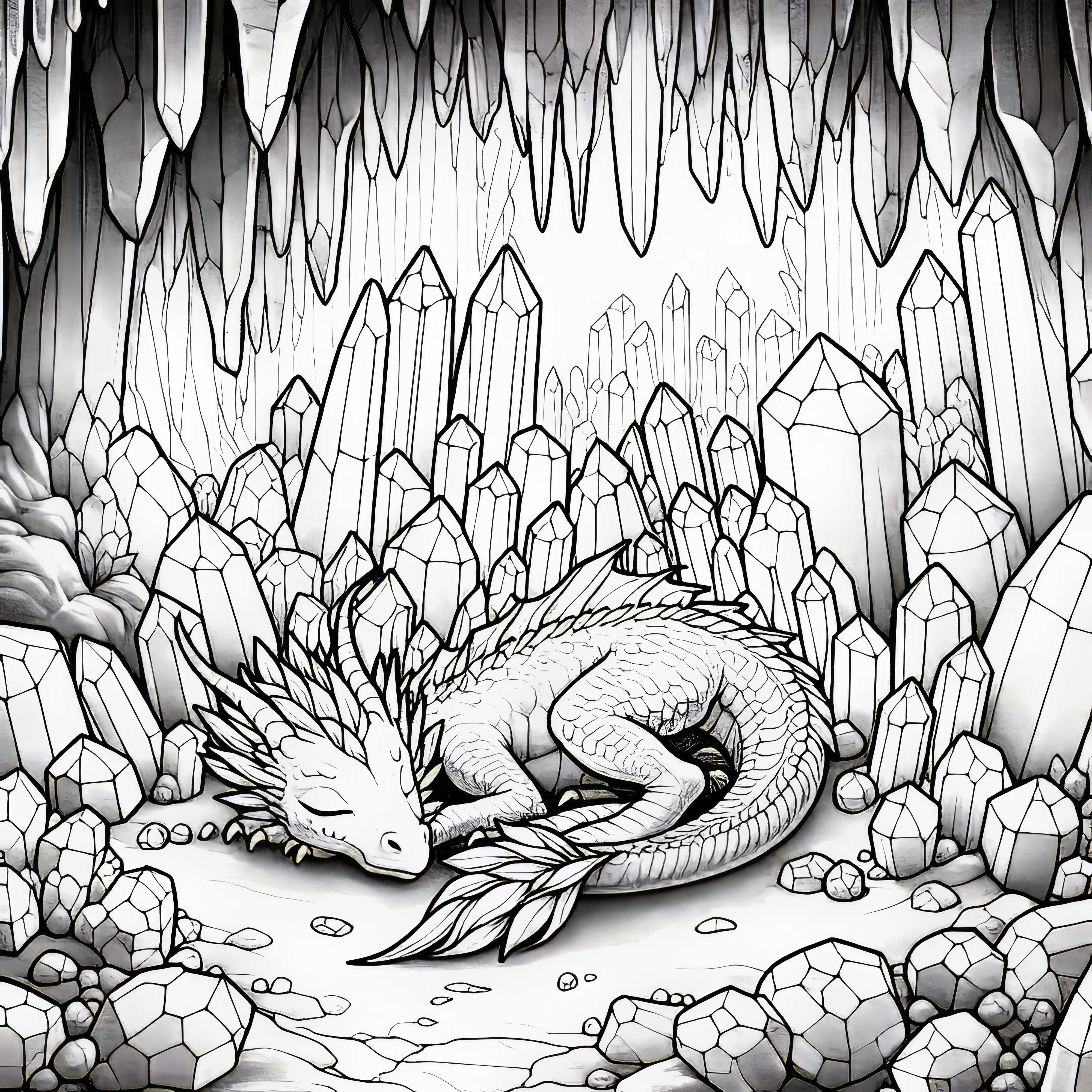 Кристальная пещера: Дракон спит между кристаллами &ndash; Раскраска бесплатно