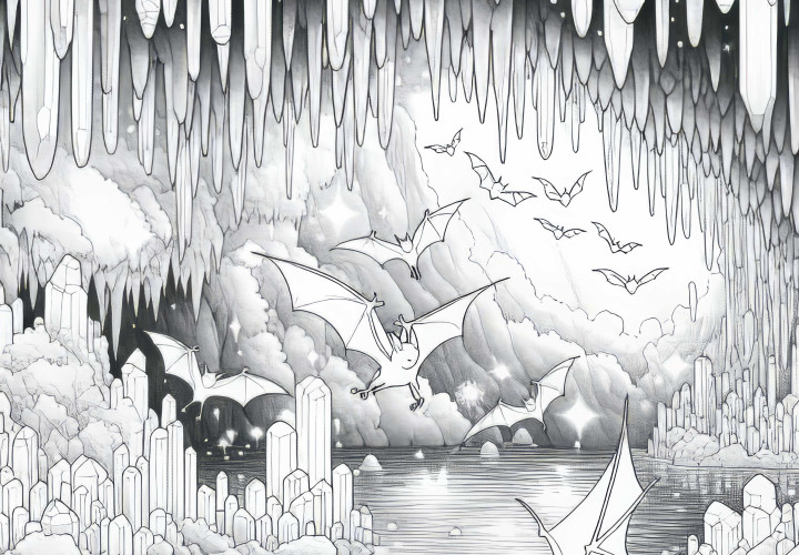 Кристальная пещера с летучими мышами из стекла, которые летают между сверкающими сталагмитами – раскраска бесплатно