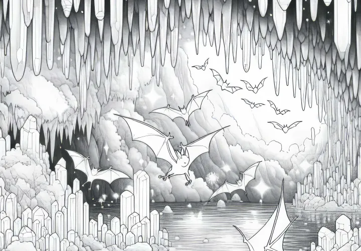 Kristalna jama z netopirji iz stekla, ki letijo med bleščečimi stalaktiti – brezplačna pobarvanka