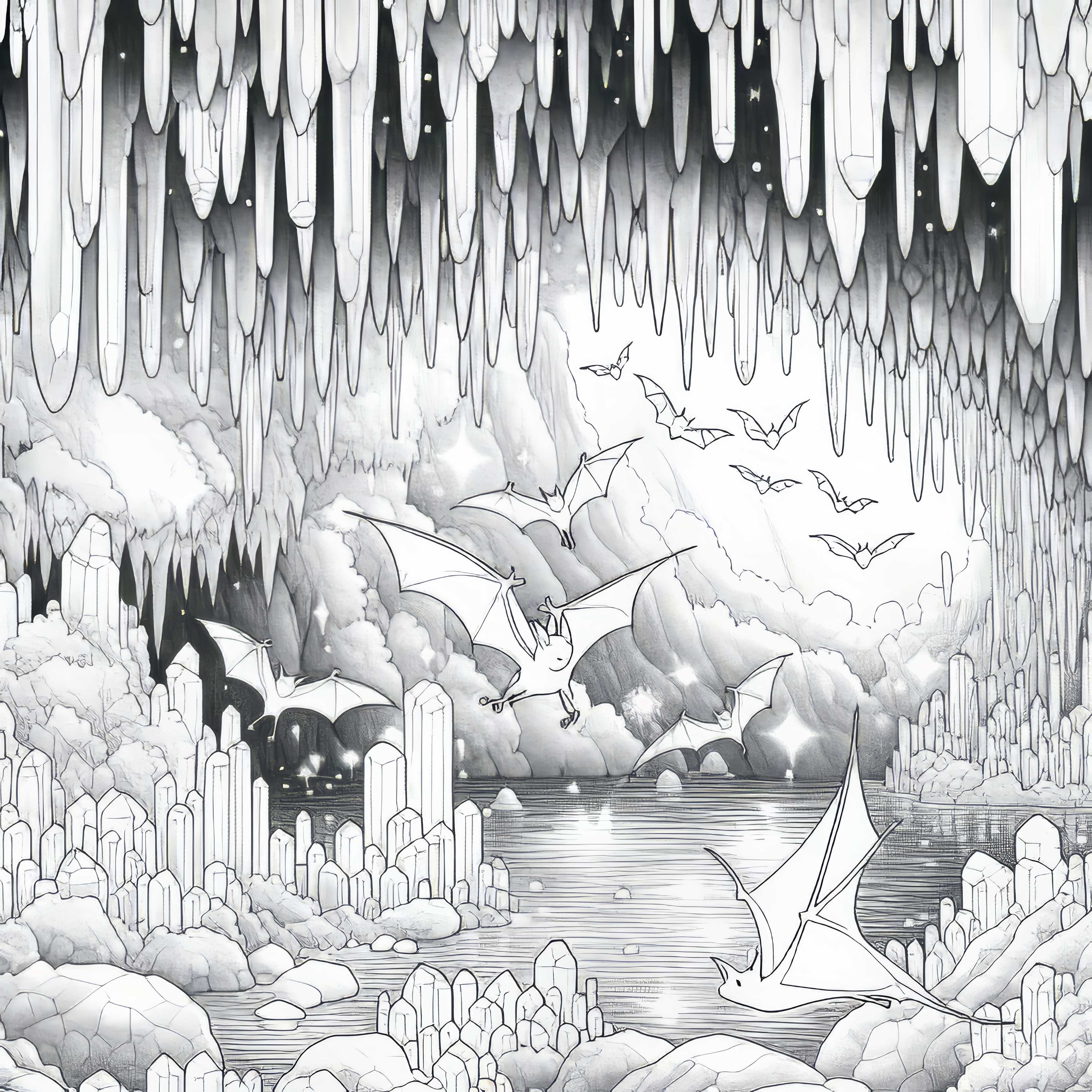 Camdan yarasalarla dolu kristal mağarası, parlayan sarkıtların arasında u&ccedil;arak - &Uuml;cretsiz boyama sayfası