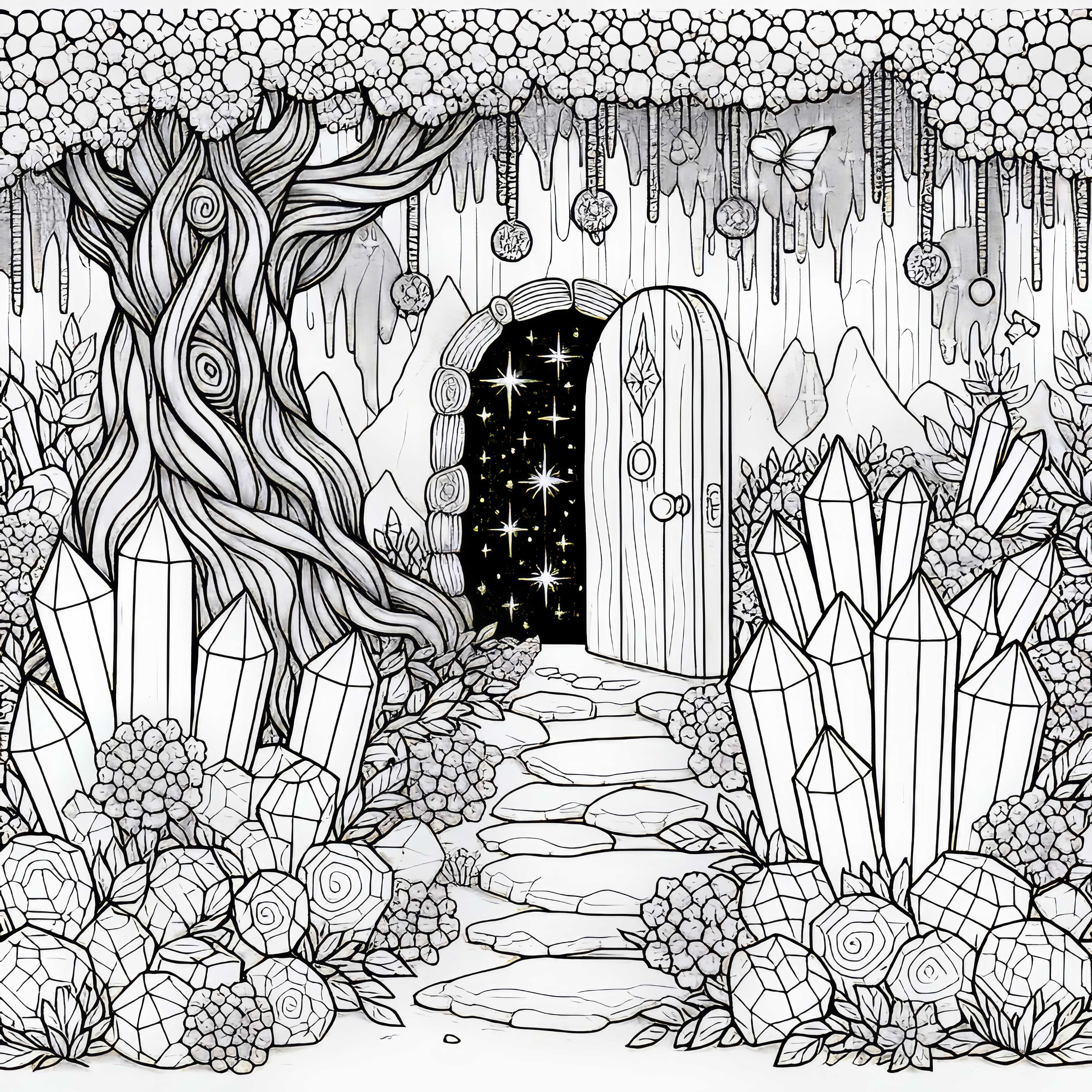 Кристальная пещера &ndash; Секретная дверь открывается &ndash; Бесплатная раскраска