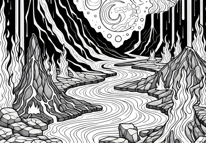 화산 경관과 용암 흐름이 어두운 깊은 골짜기를 통과하는 모습 - 무료 색칠 그림