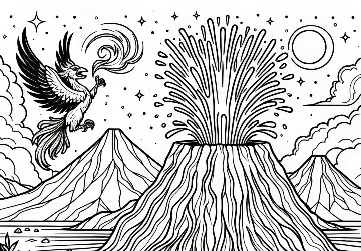 Вулканический ландшафт с огненной птицей – раскраска бесплатно