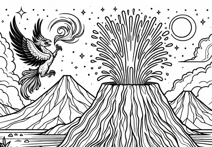 화산 풍경과 불새 – 무료 색칠 공부 그림