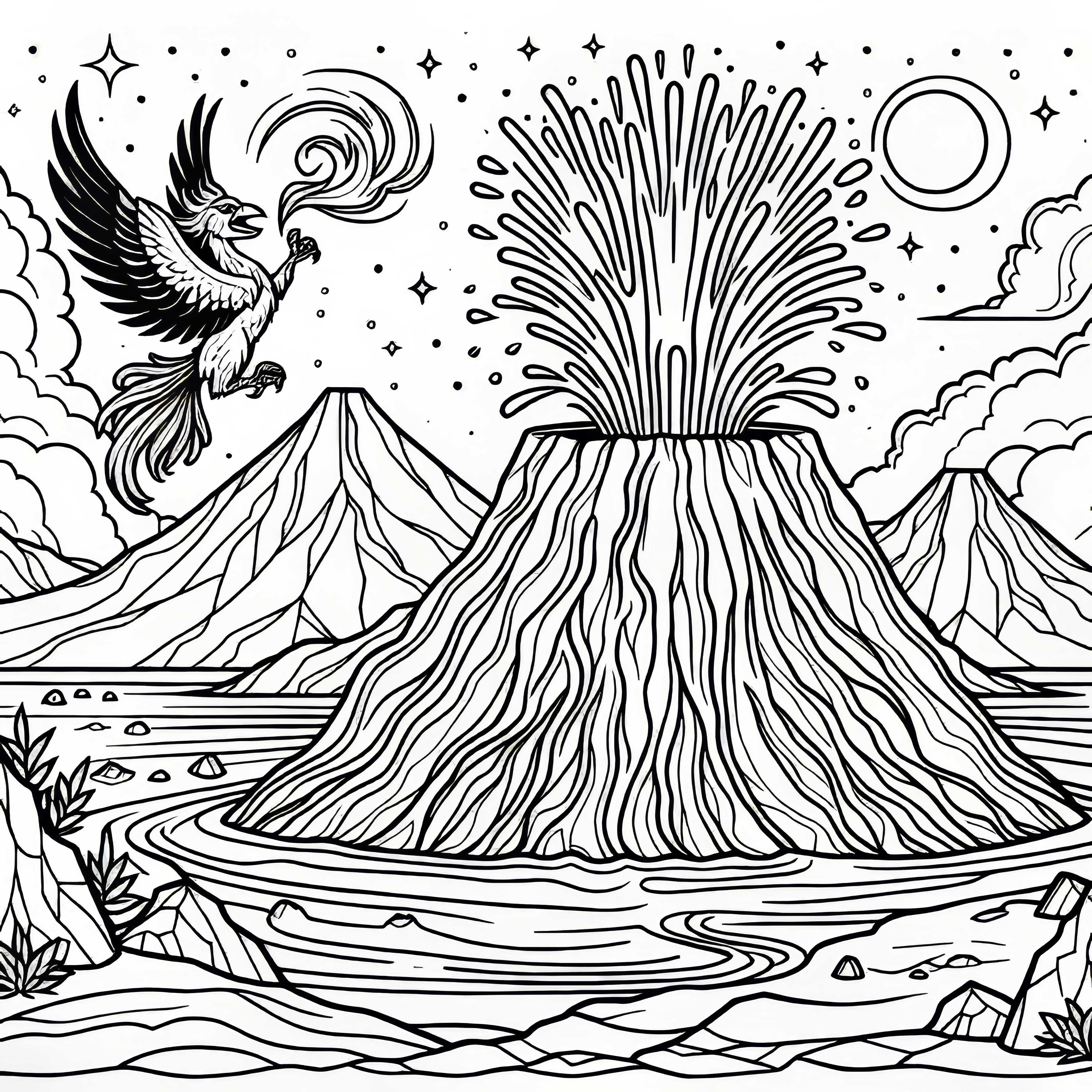 불새가 있는 화산 풍경 - 무료 색칠하기 그림