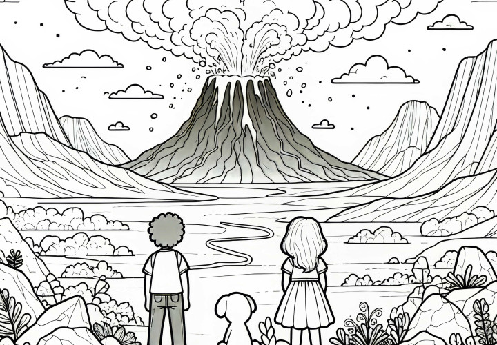 Вулканический пейзаж – дети наблюдают за извержением волшебного вулкана – раскраска бесплатно