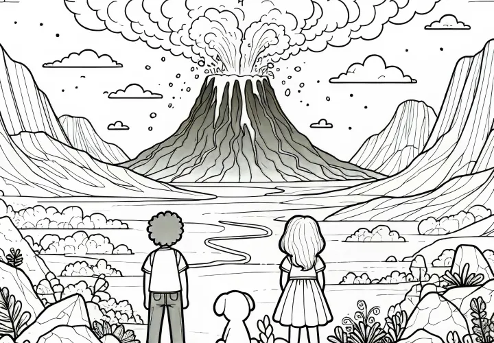 화산 풍경 – 아이들이 마법의 화산 폭발을 관찰하다 – 무료 색칠하기 도안