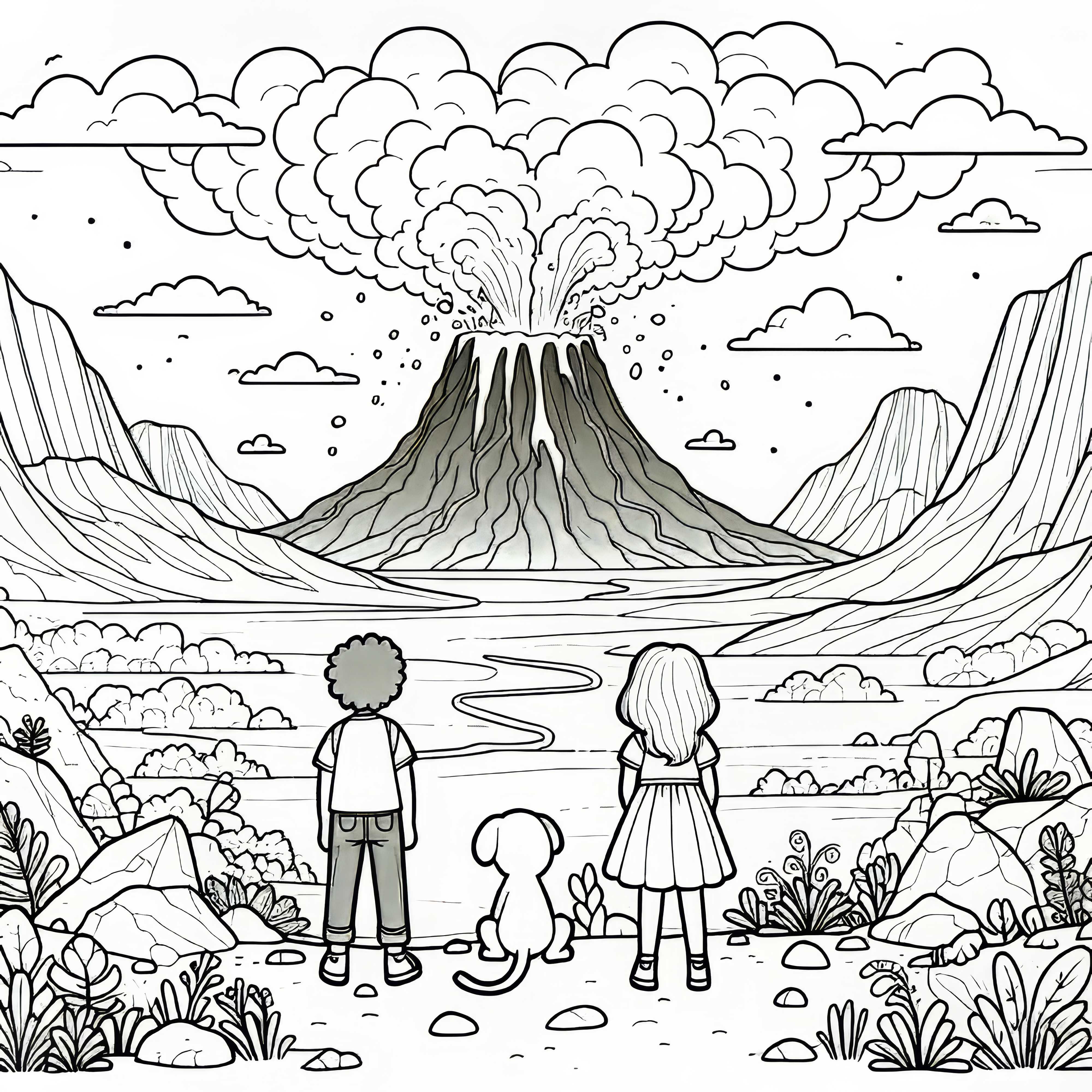 Vulkanlandskap &ndash; Barn observerer utbruddet av en magisk vulkan &ndash; Fargelegging mal gratis