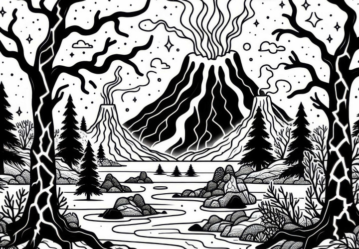 Вулканический ландшафт с черными деревьями и светящимися трещинами у лавового озера – бесплатная раскраска